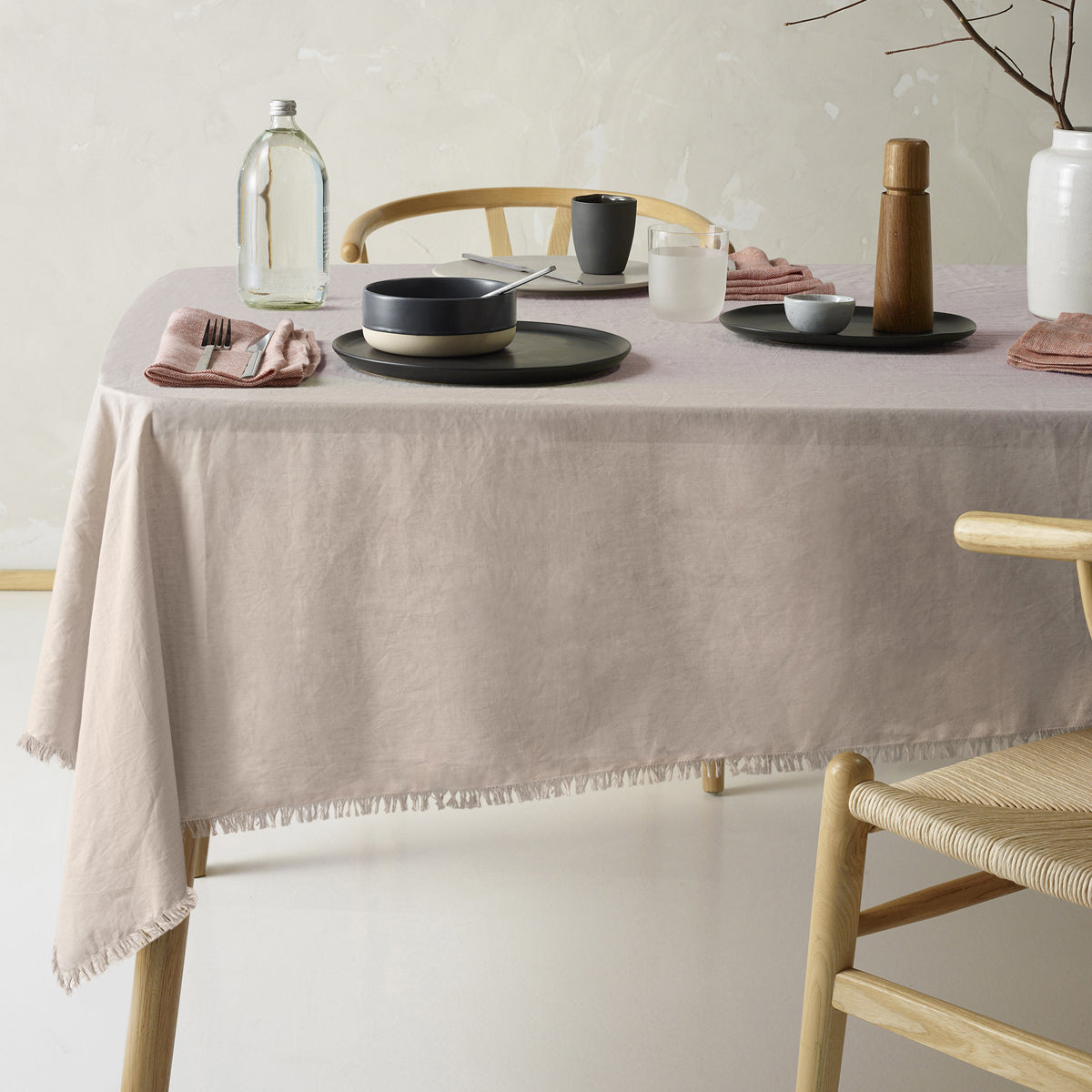 Natural Fringed Vintage Linen Cotton Tablecloth for Dining - 130cm x 180cm