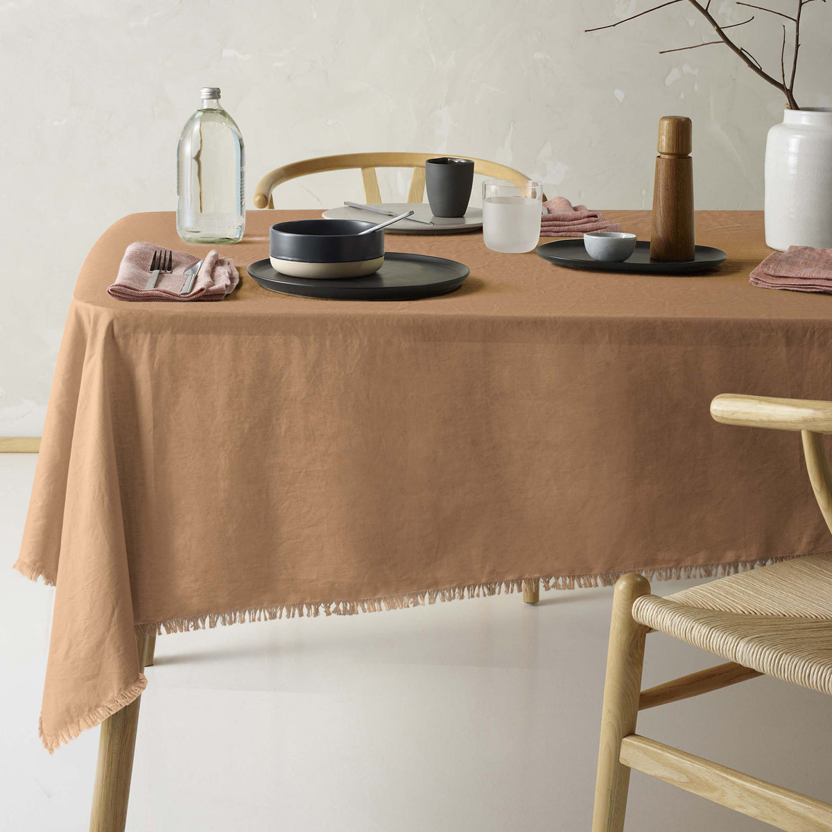 Terracotta Gypsy Fringed Linen Cotton Tablecloth for Vintage Dining - 150cm x 230cm