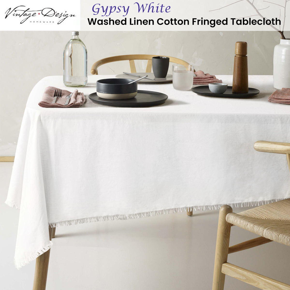 Gypsy White Fringed Washed Linen Cotton Tablecloth for Elegant Dining - 150cm x 230cm