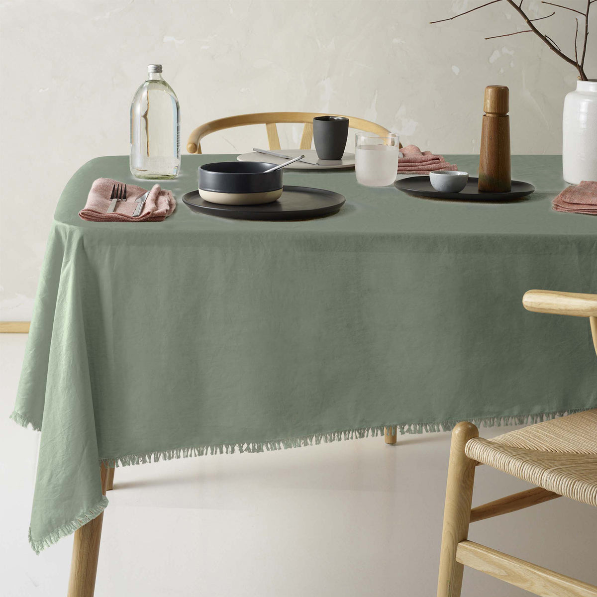 Gypsy Green Fringed Washed Linen Cotton Tablecloth for Vintage-Inspired Dining - 150cm x 300cm