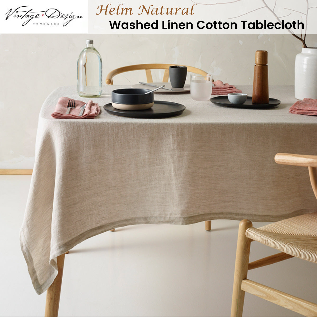 Rustic Charm Linen Cotton Tablecloth - Natural Washed 150cm x 230cm