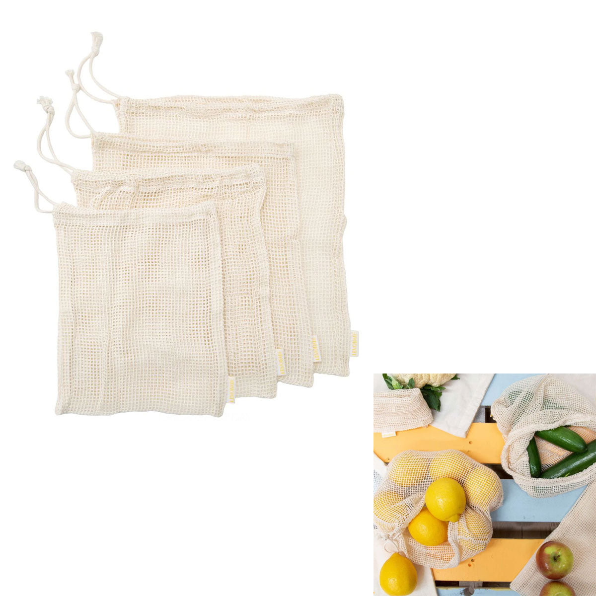 J Elliot Home Eco-Friendly Cotton Mesh Grocery Bag Set - Lemonade Karma Collection (Set of 4)