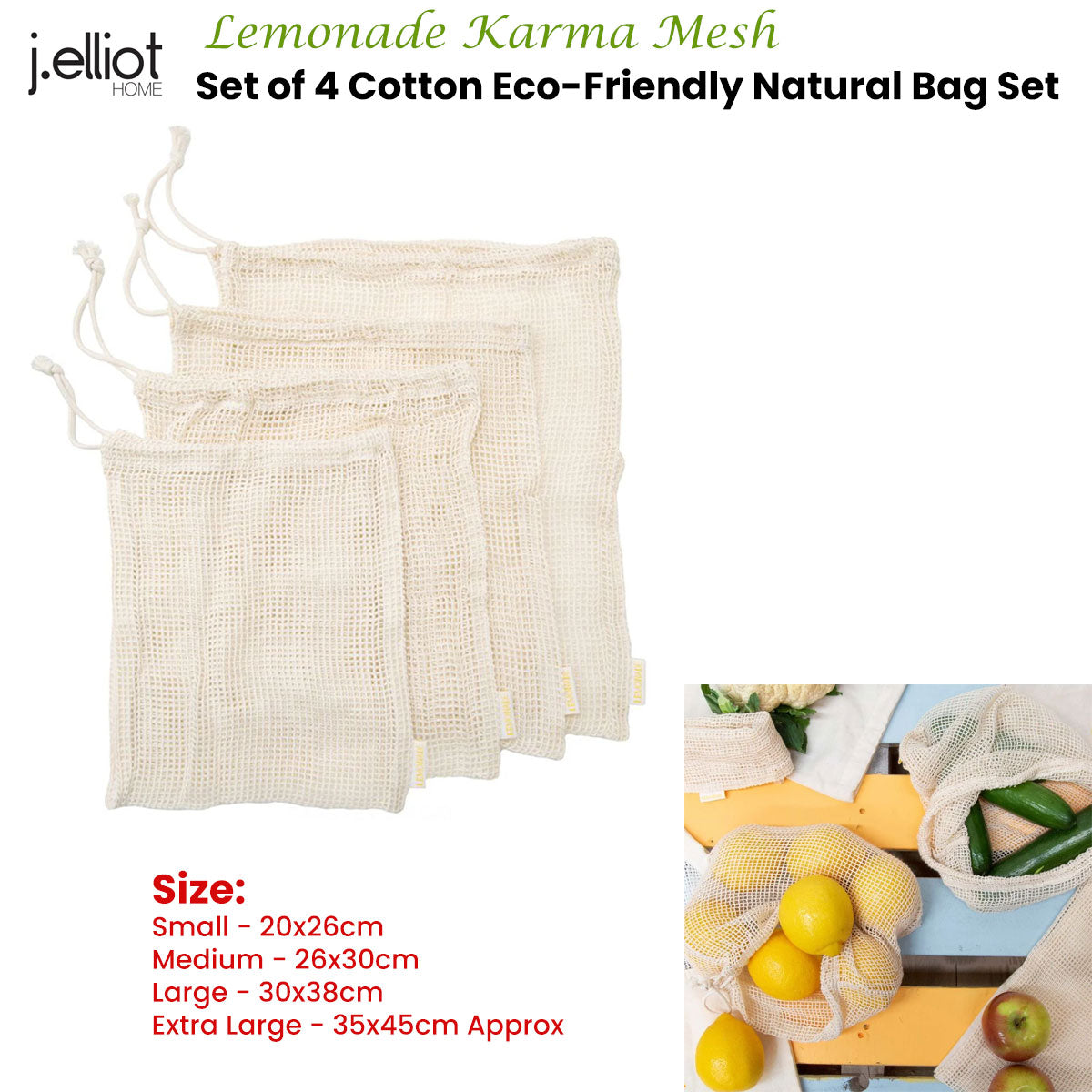 J Elliot Home Eco-Friendly Cotton Mesh Grocery Bag Set - Lemonade Karma Collection (Set of 4)