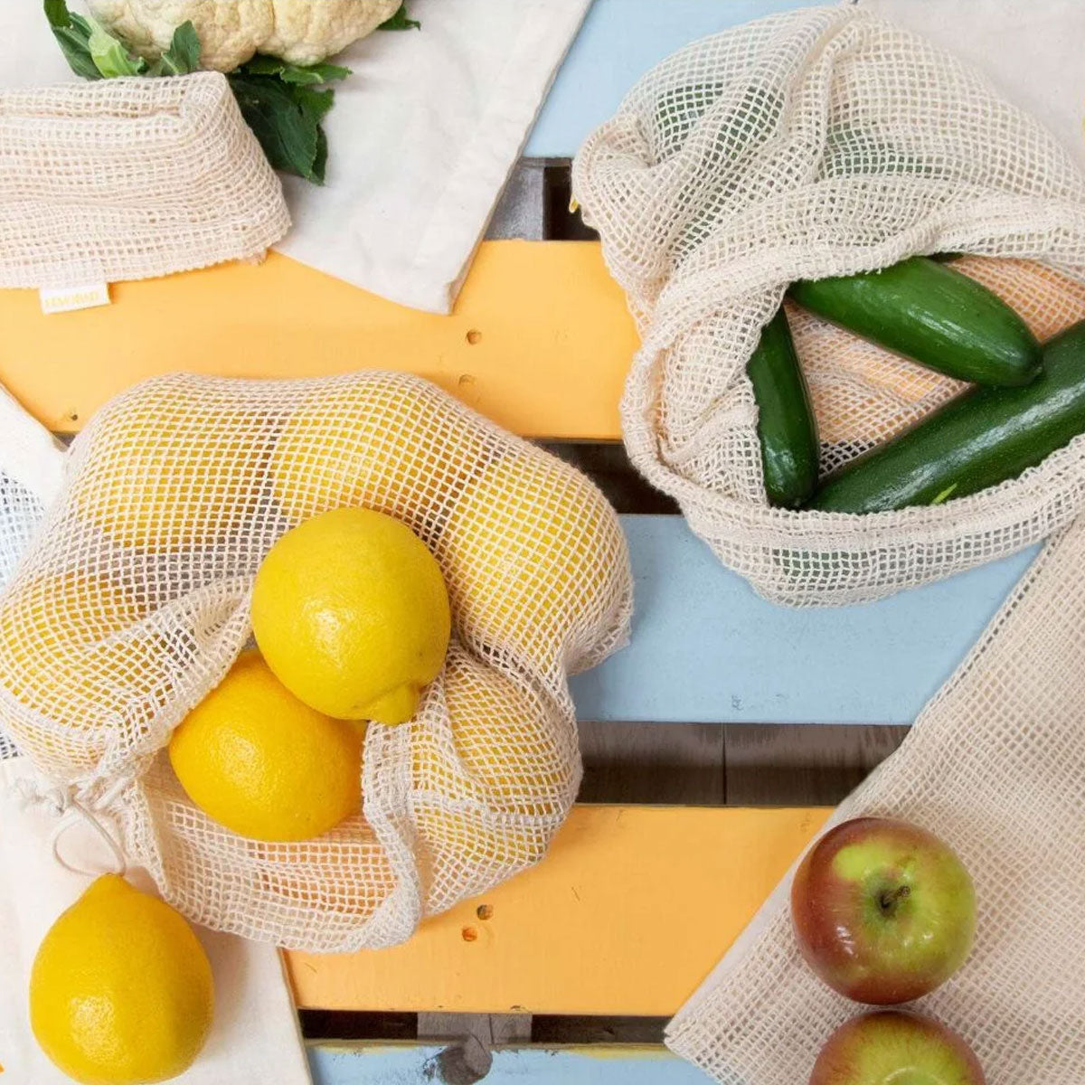 J Elliot Home Eco-Friendly Cotton Mesh Grocery Bag Set - Lemonade Karma Collection (Set of 4)