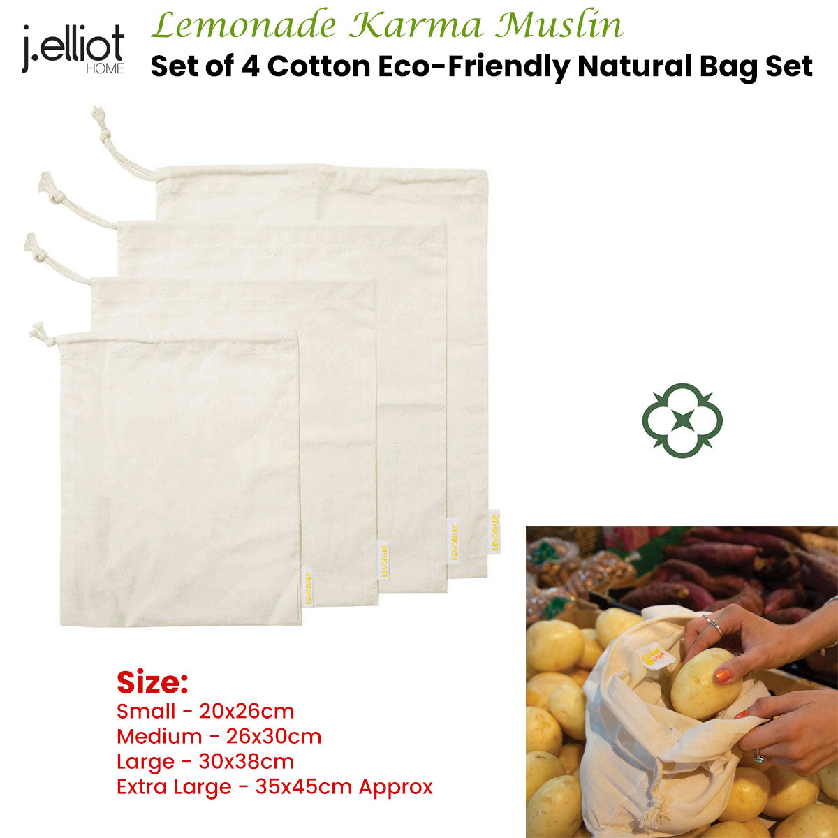 J Elliot Home Eco-Friendly Muslin Storage Bag Set - Lemonade Karma Collection (Set of 4)