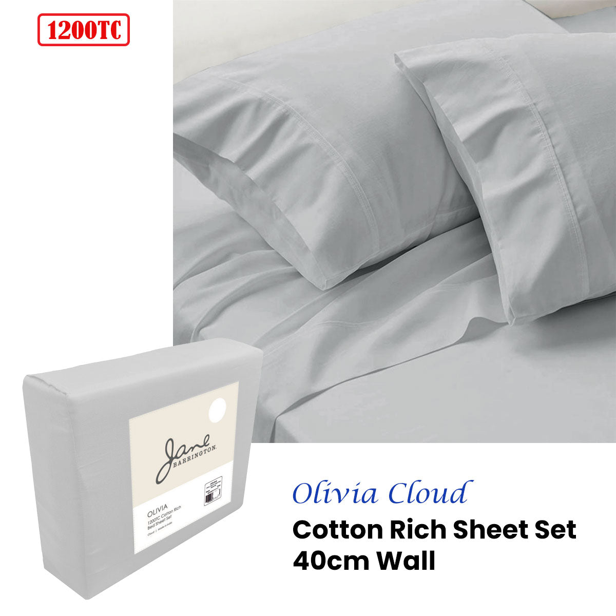 Jane Barrington 1200TC Silver Olivia Cotton Blend Sheet Set with 40cm Wall for Queen Size