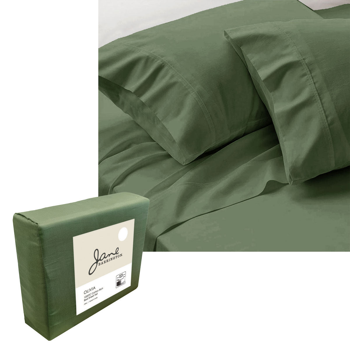 Jane Barrington Luxurious 1200TC Olive Cotton Blend Sheet Set for Queen Bed