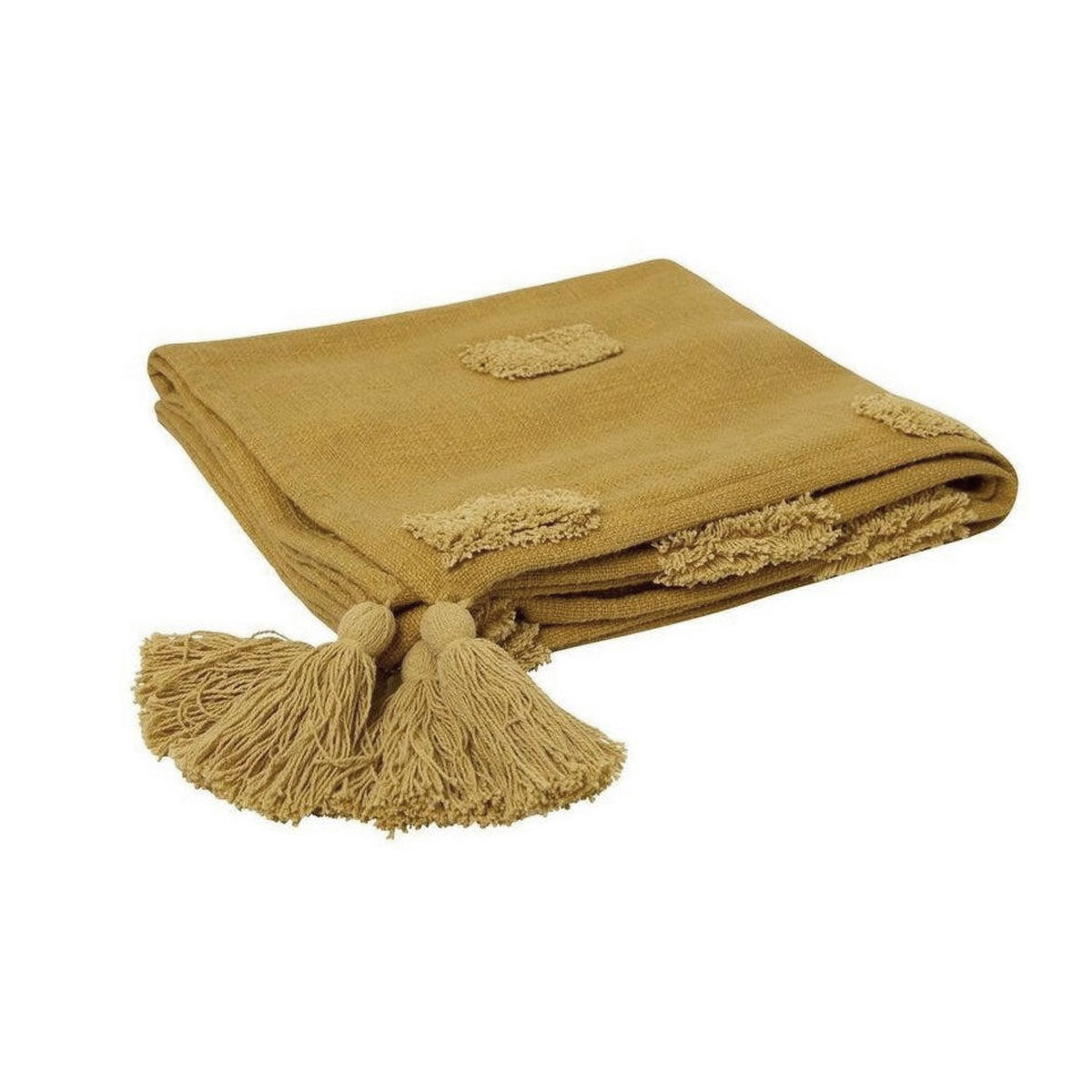 J Elliot Home Quinn Cotton Textured Throw with Tassels – 130 x 160 cm in Ochre & Jojoba