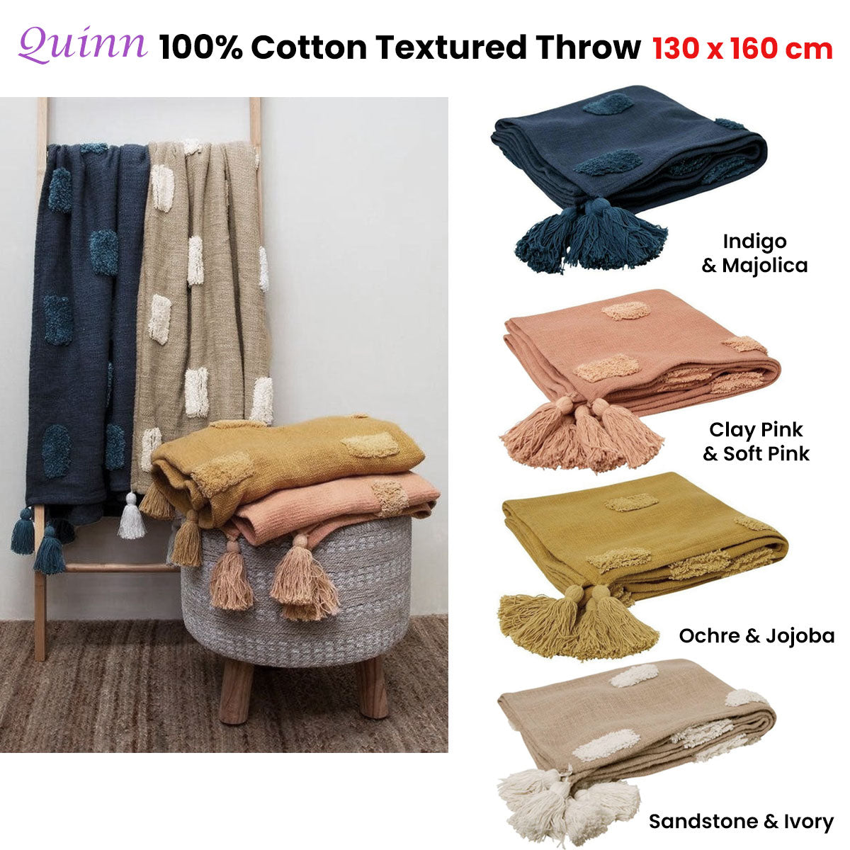 J Elliot Home Quinn Cotton Textured Throw with Tassels – 130 x 160 cm in Ochre & Jojoba