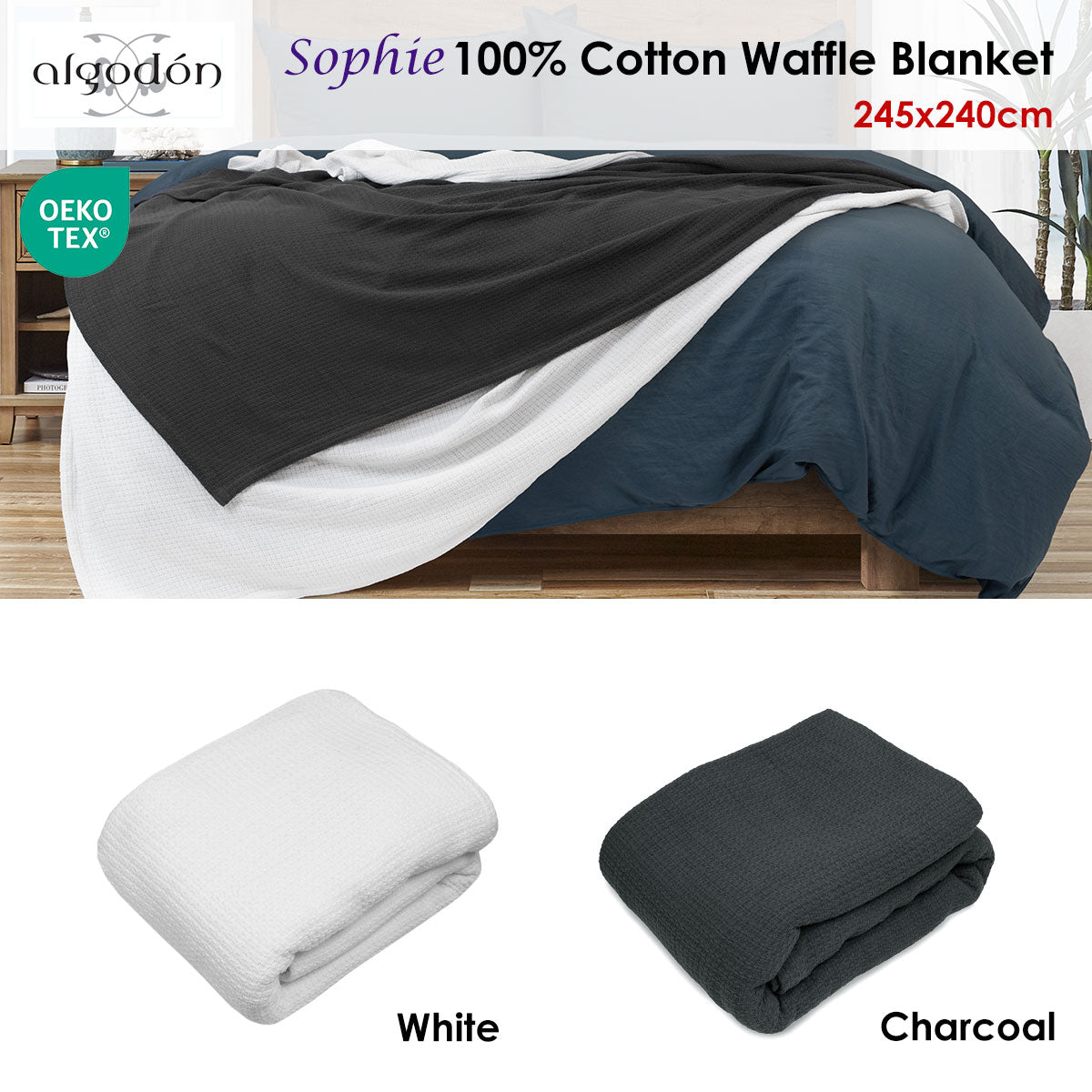 Algodon Sophie Cotton Waffle Blanket Queen 245x240cm White