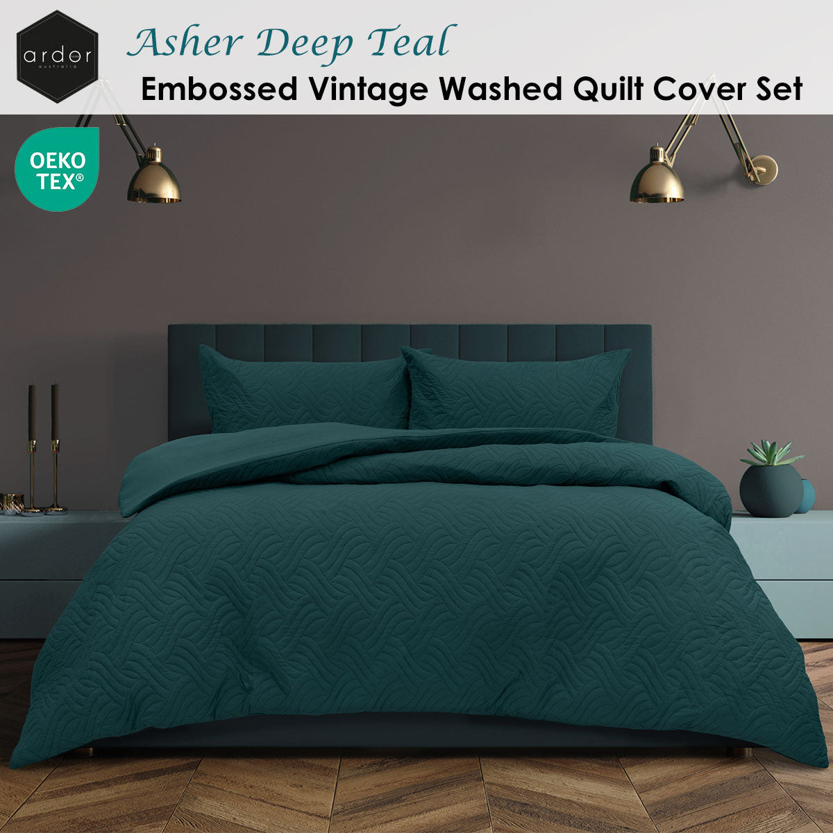 Ardor Asher Deep Teal Embossed Vintage Washed Quilt Cover Set Queen