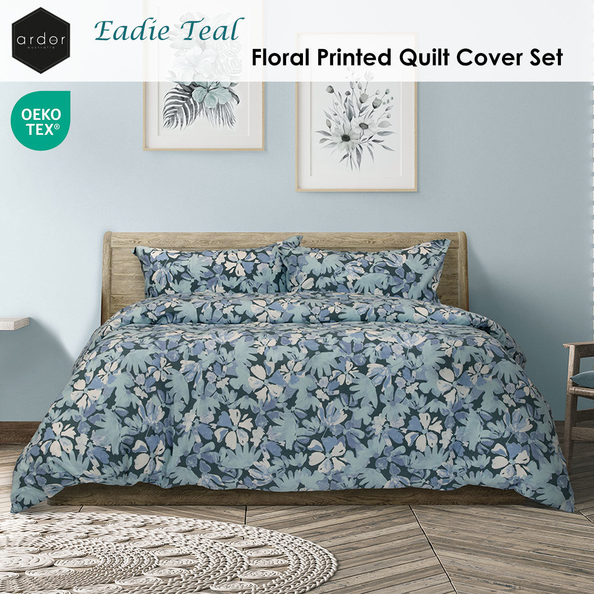 Ardor Eadie Teal Floral Printed Quilt Cover Set King