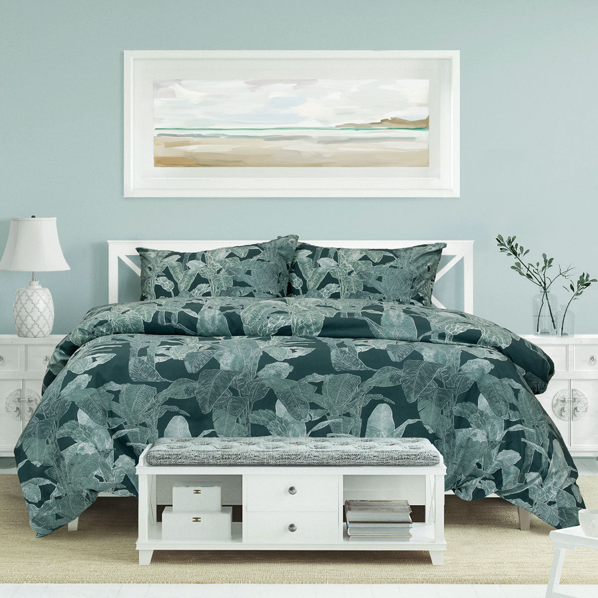 Ardor Indra Teal Palm Leaf Printed Quilt Cover Set Queen