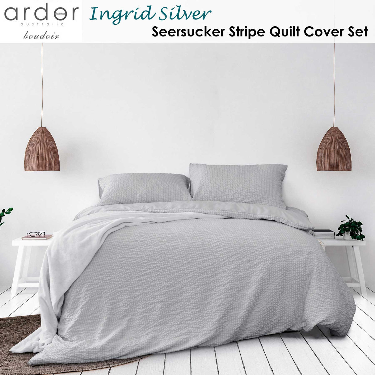 Ingrid Silver Striped Seersucker Quilt Cover Set - Double Size by Ardor