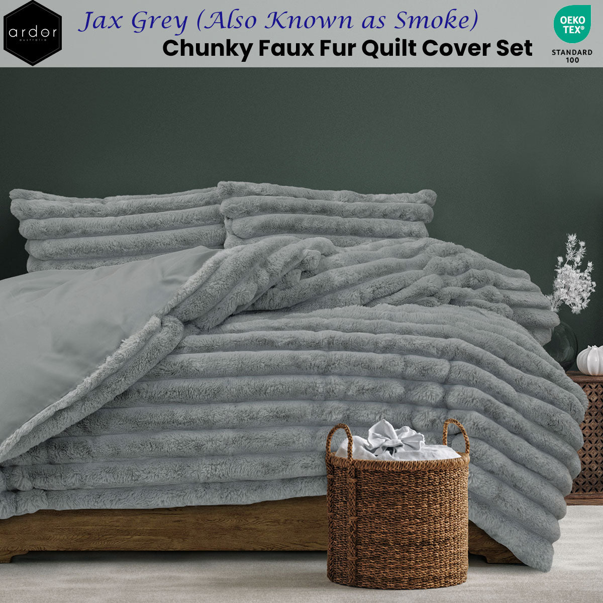 Ardor Jax Smokey Grey Luxe Faux Fur Quilt Cover Set for Queen Size