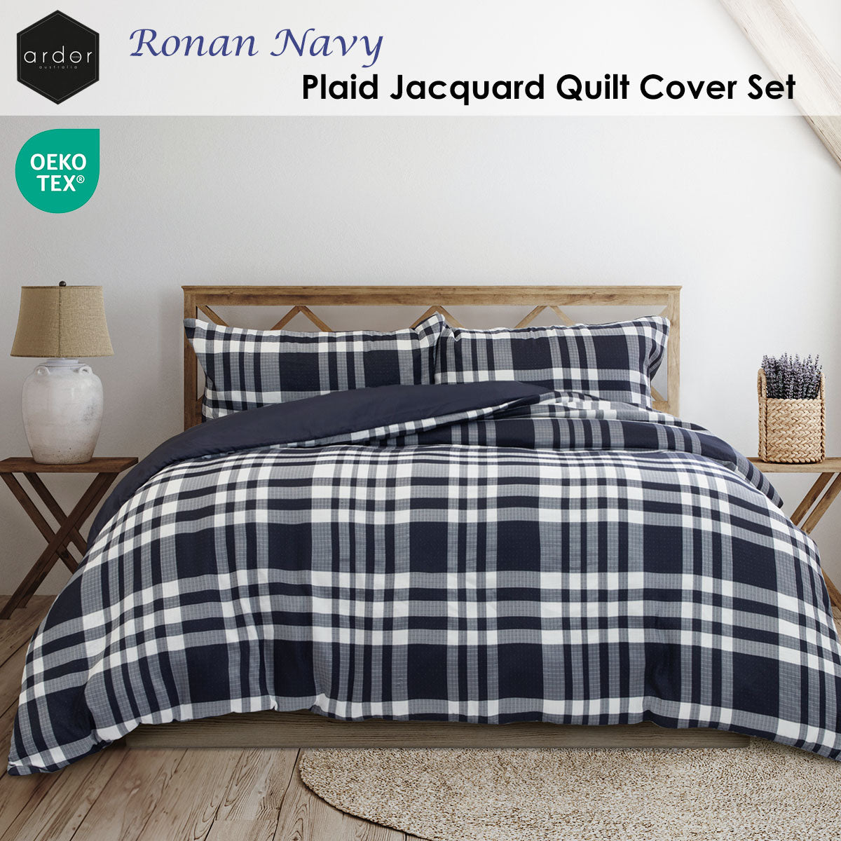 Ardor Ronan Navy Plaid Jacquard Quilt Cover Set Queen