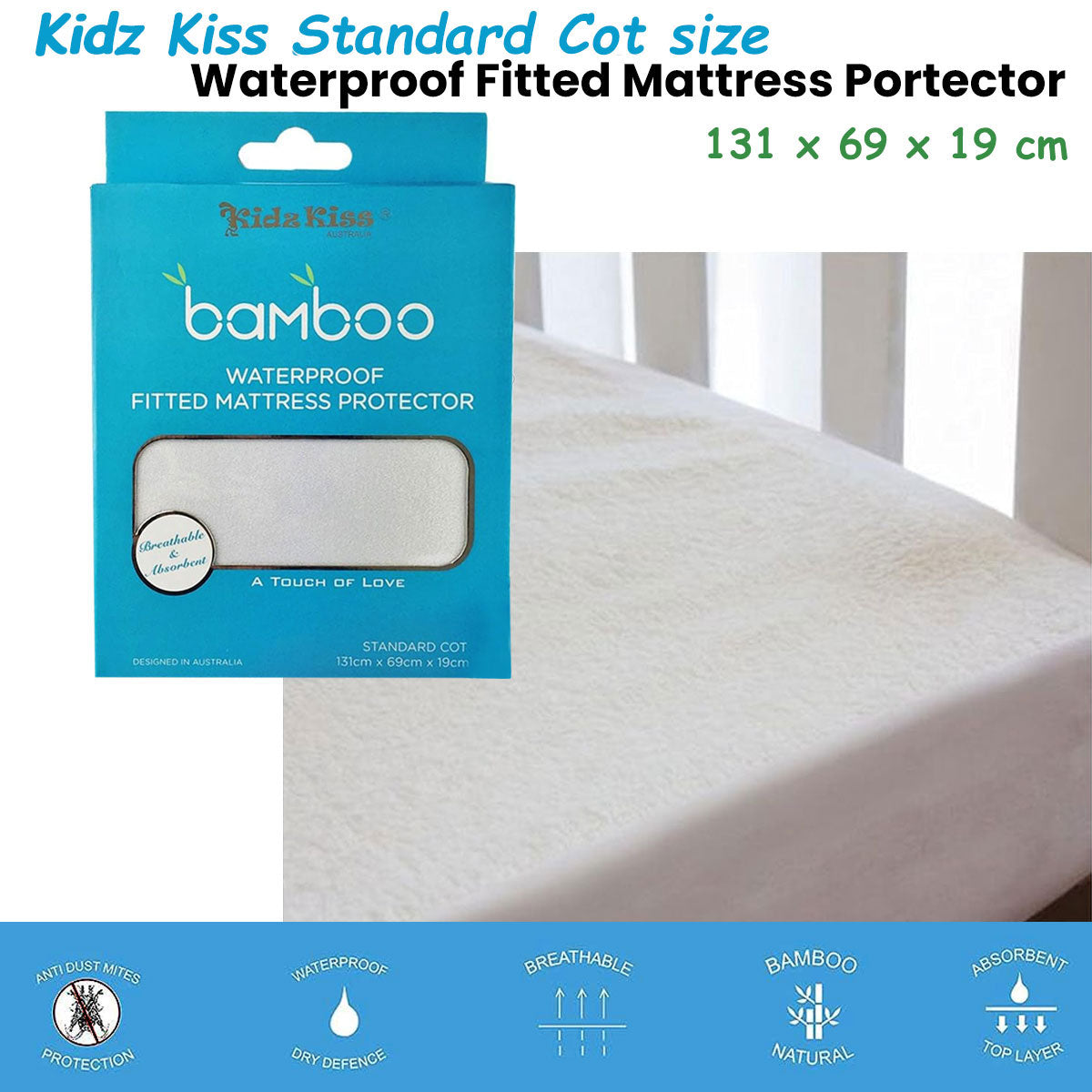 Bamboo Waterproof Fitted Mattress Protector for Standard Cot - 131x69x19cm