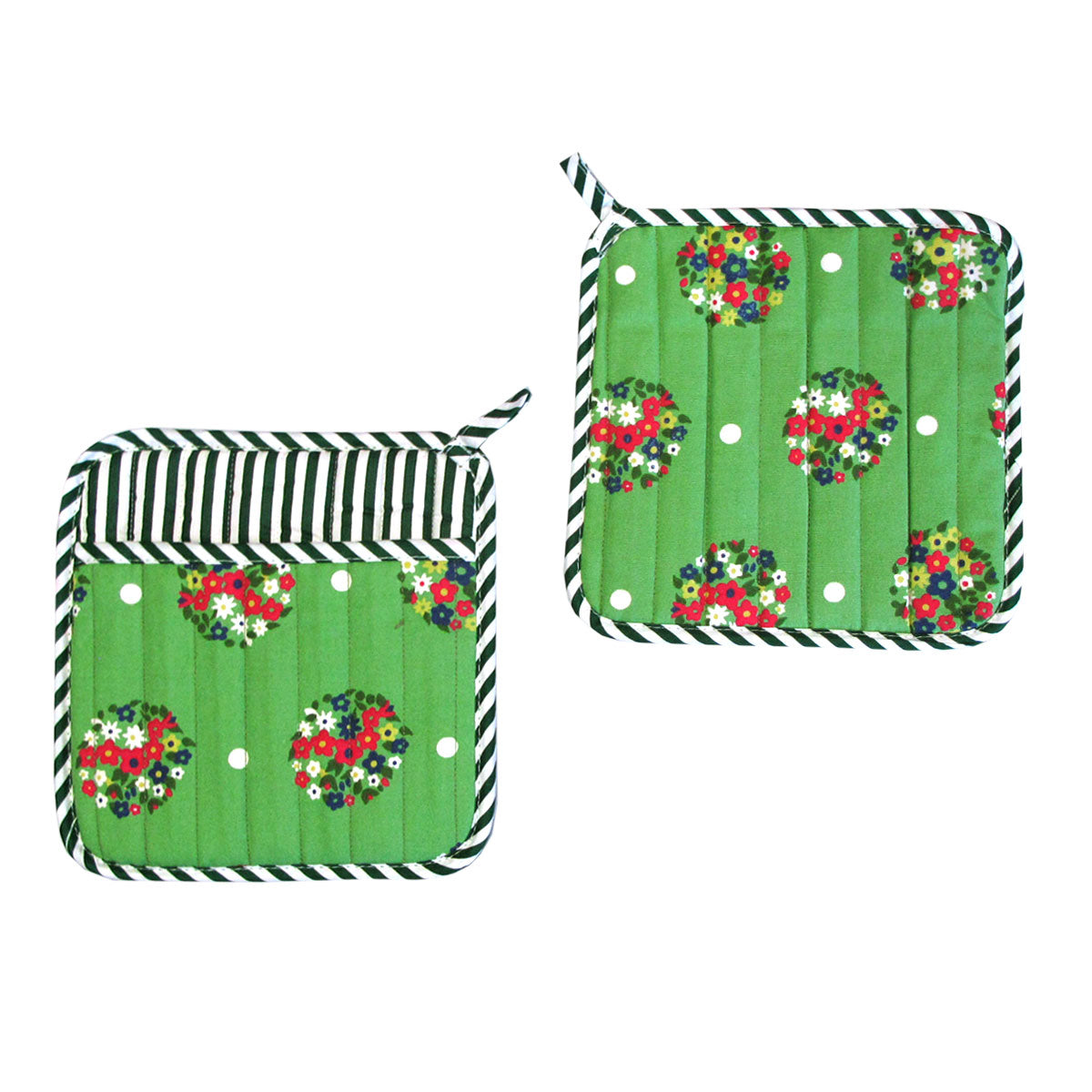 Set of 2 Colorful Cotton Printed Pot Holders 22 x 22 cm - Green Blossom Design