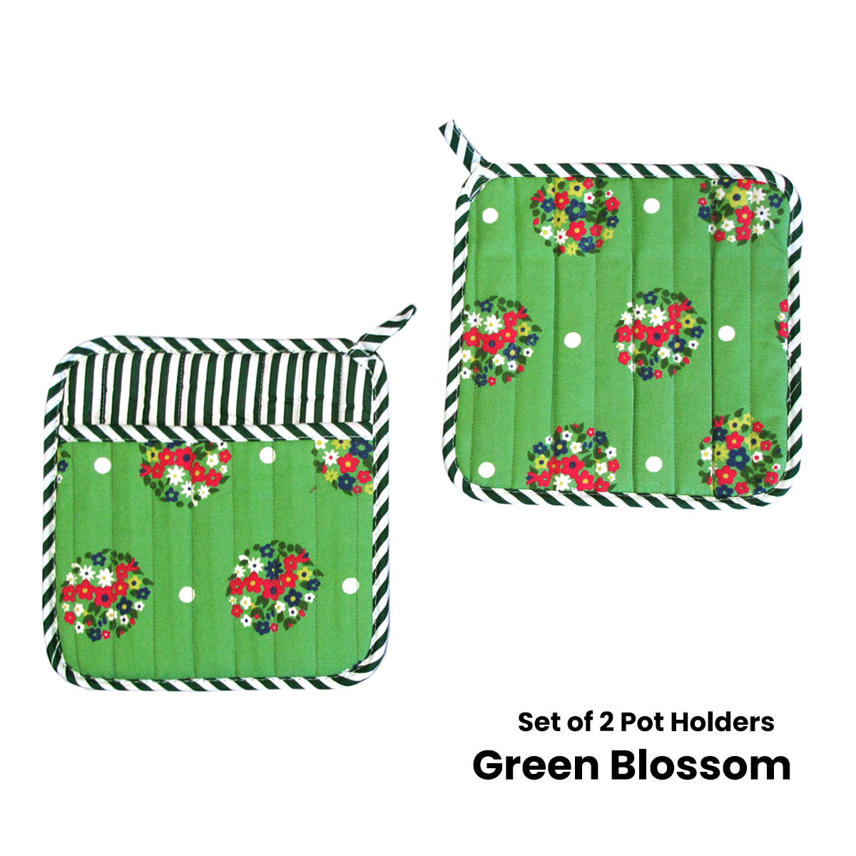 Set of 2 Colorful Cotton Printed Pot Holders 22 x 22 cm - Green Blossom Design