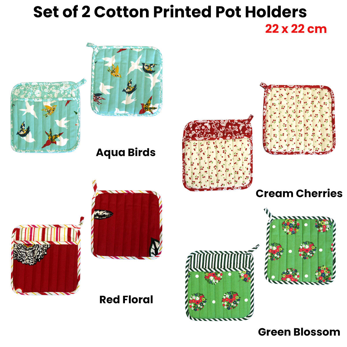 Set of 2 Colorful Cotton Printed Pot Holders 22 x 22 cm - Green Blossom Design