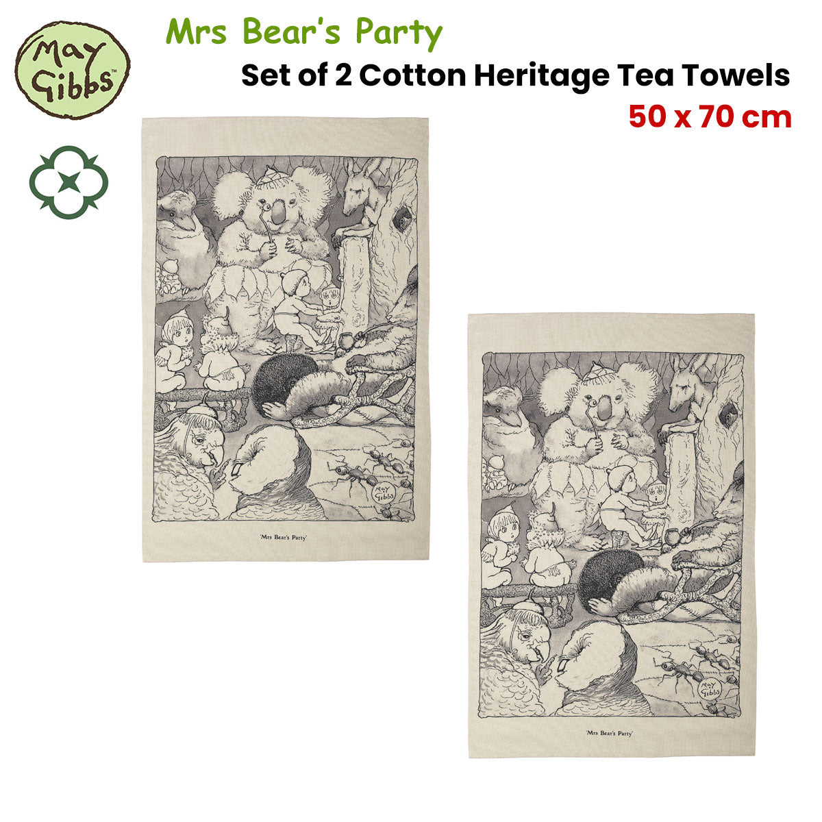 May Gibbs Mrs Bear's Party Limited Edition Cotton Tea Towels - Set of 2 (50 x 70 cm)