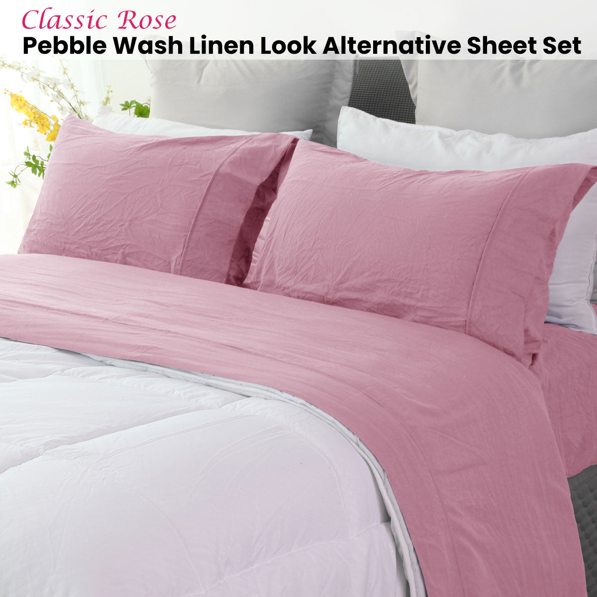 Ramesses Classic Rose Pebble Wash Linen Look Alternative Sheet Set Queen