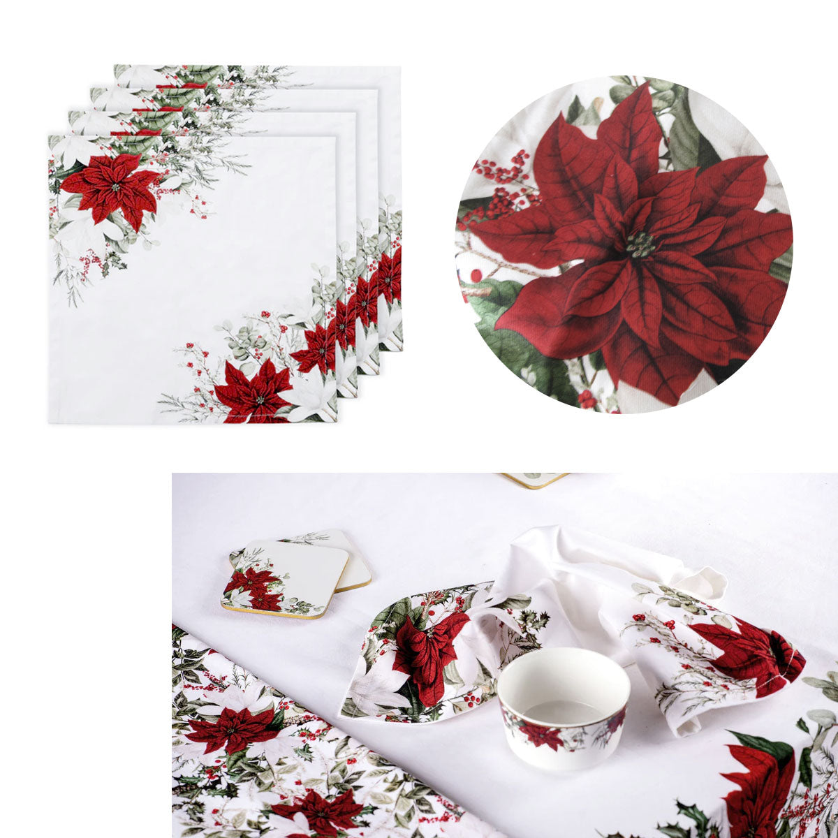 Elegant Poinsettia Cotton Napkins Set - 4 Pieces, 45 x 45 cm