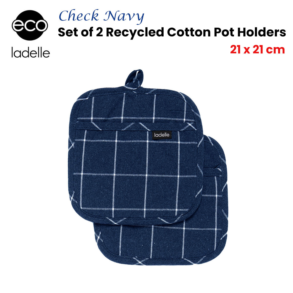 Ladelle Eco-Friendly Navy Check Pot Holder Set - 21 x 21 cm (Set of 2)