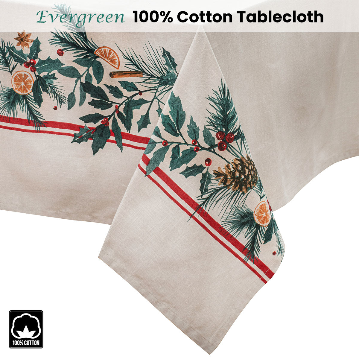 Ladelle Evergreen Christmas 100% Cotton Tablecloth - 150 x 300 cm for Holiday Gatherings