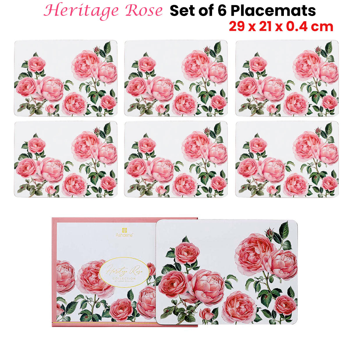 Set of 6 Vintage-Inspired Heritage Rose Placemats 29x21x0.4 cm