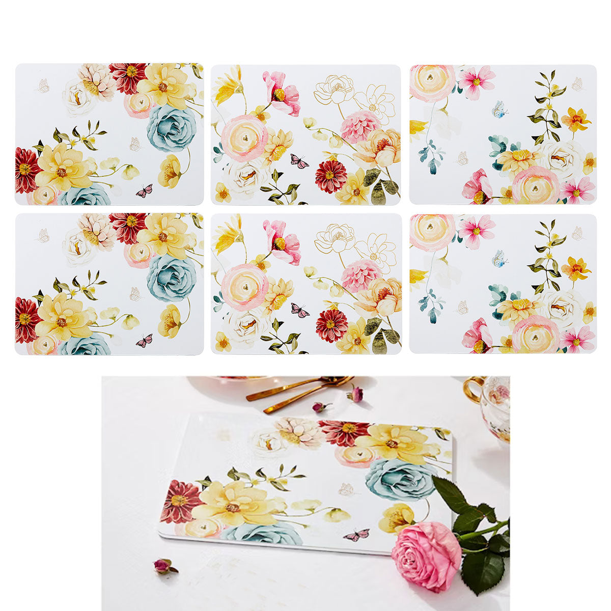 Charming Floral Placemats Set of 6 for Springtime Gatherings - 29x21 cm