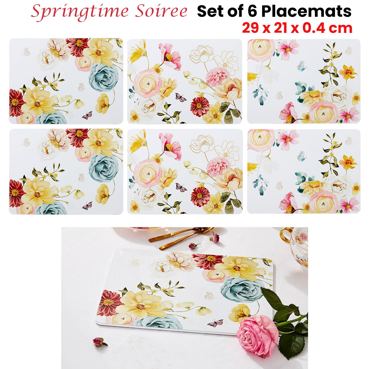Charming Floral Placemats Set of 6 for Springtime Gatherings - 29x21 cm