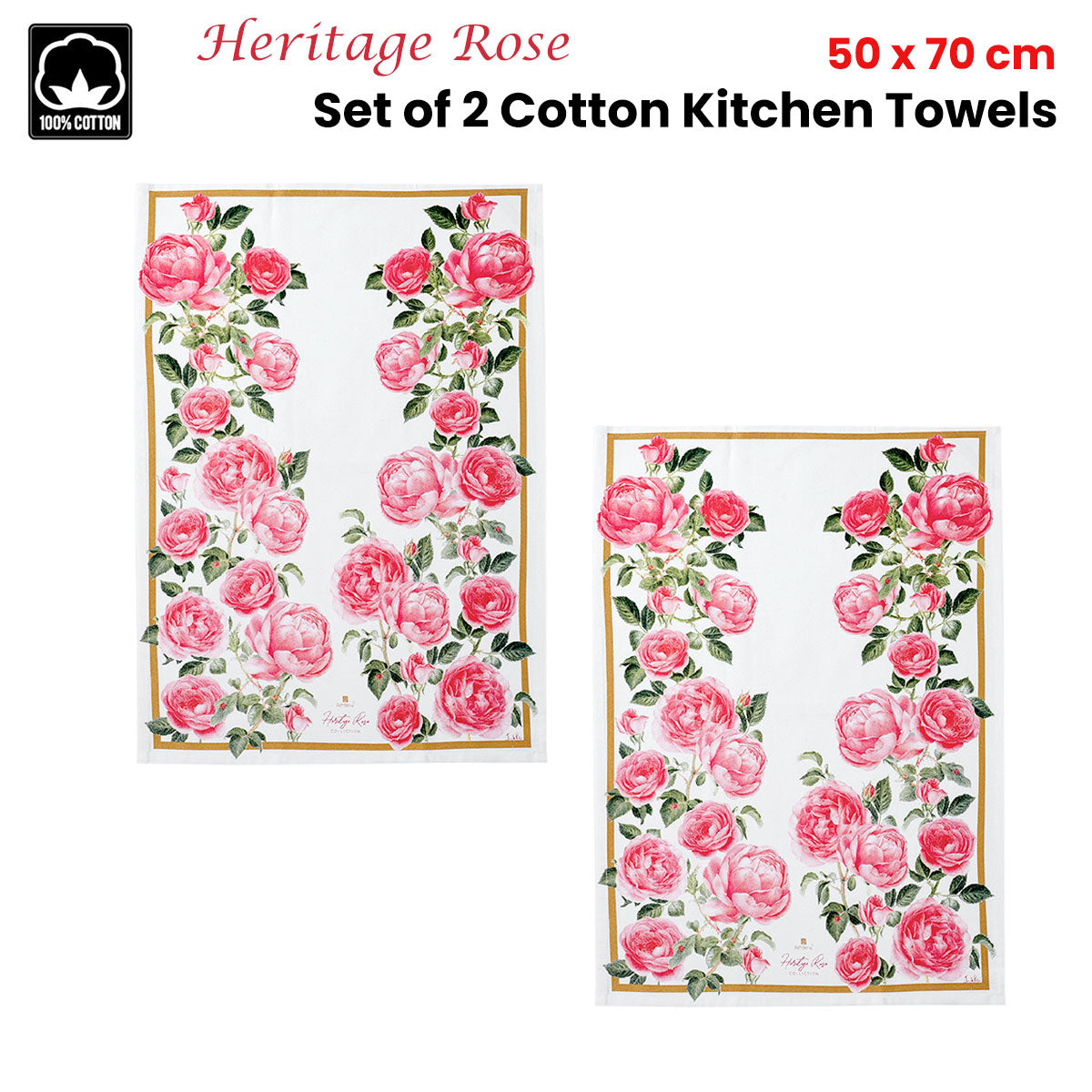 Heritage Rose Cotton Kitchen Tea Towels Set - Elegant Floral Design (50 x 70 cm) - Pack of 2