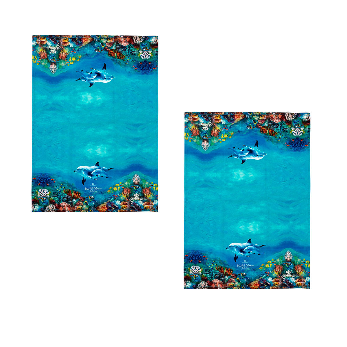 Playful Dolphins Cotton Kitchen Tea Towels - Set of 2 (50 x 70 cm) - Ocean-Inspired Design