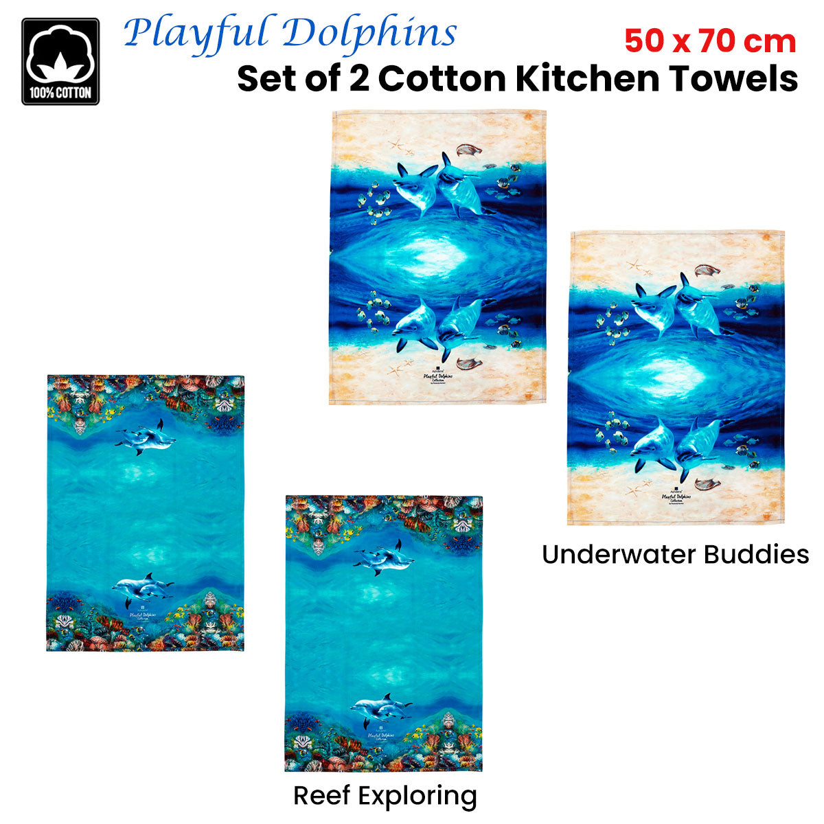 Playful Dolphins Cotton Kitchen Tea Towels - Set of 2 (50 x 70 cm) - Ocean-Inspired Design