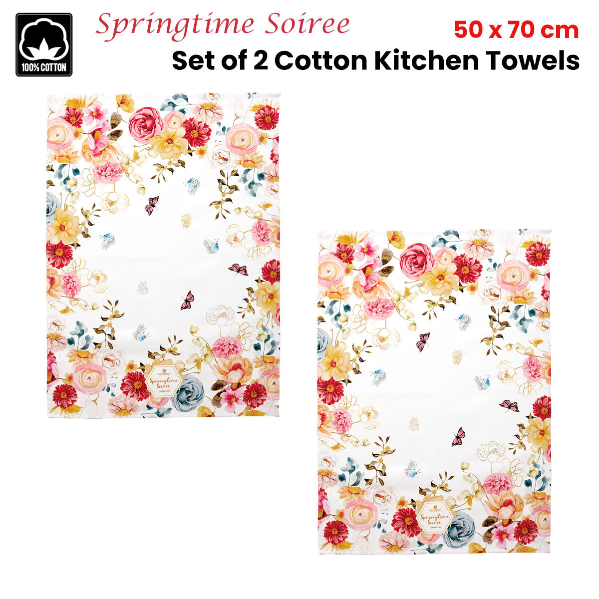 Vibrant Spring Floral Cotton Kitchen Tea Towels - Set of 2 (50 x 70 cm)