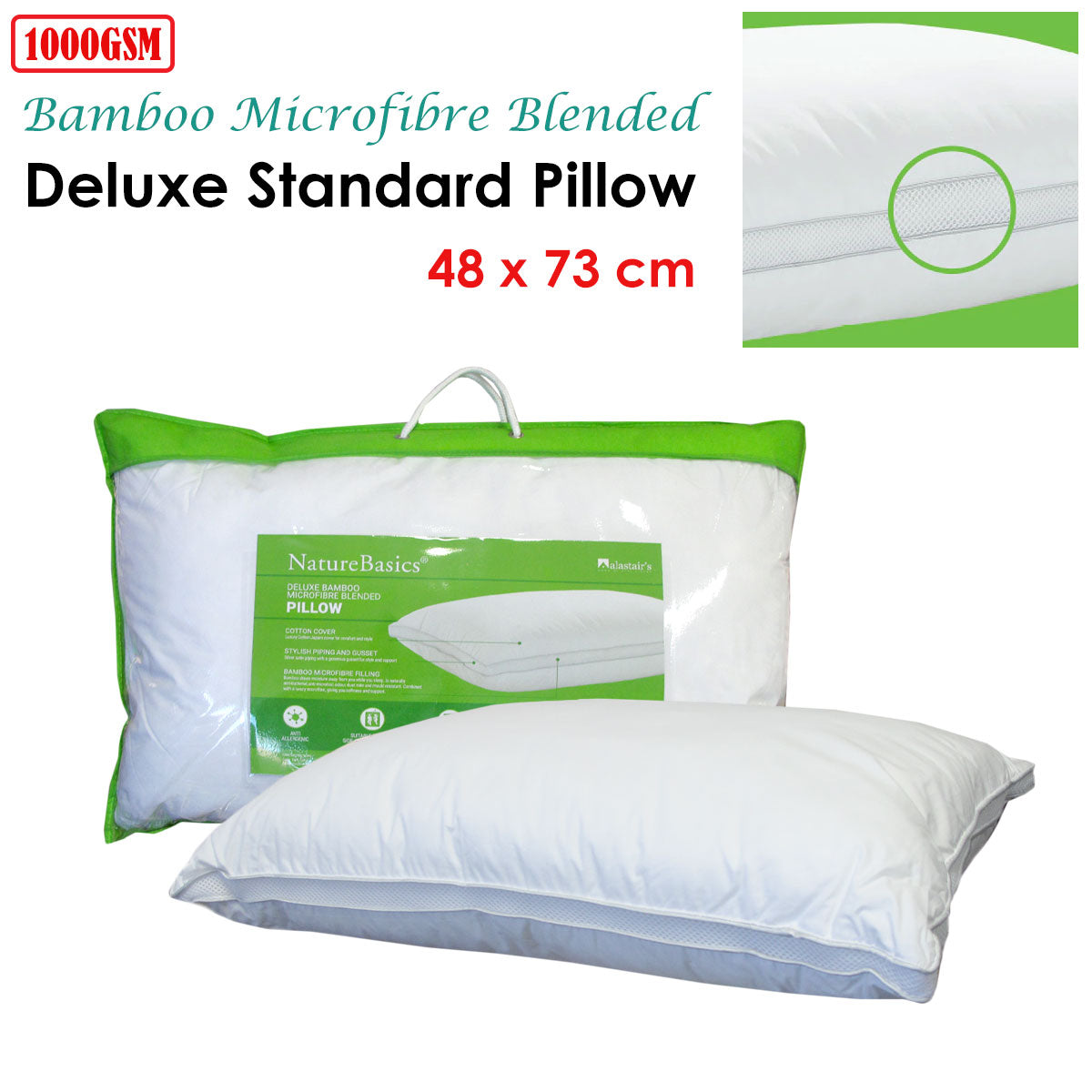Alastairs Premium 1000GSM Bamboo Microfibre Standard Pillow for Ultimate Comfort
