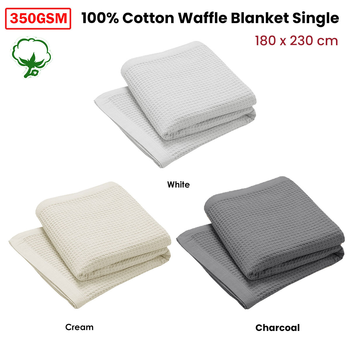 Living @ Home 350gsm 100% Cotton Breathable Waffle Blanket Single 180 x 230 cm Cream