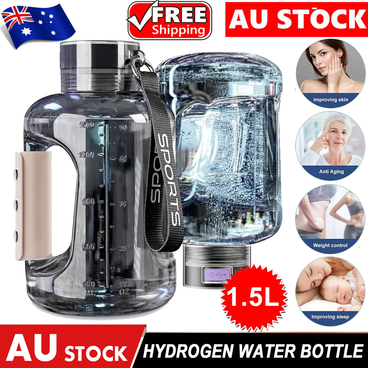 Portable 1.5L Rich Hydrogen Water Generator - Hydrogen Water Bottle with USB Charging