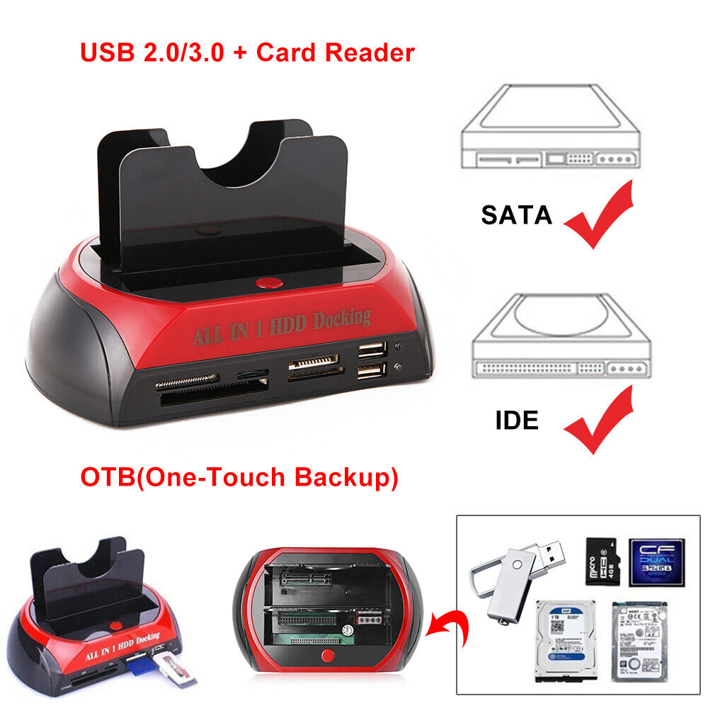 All In One Docking Station USB Dual-Bay Hard Drive 2.5 3.5 IDE SATA SSD Card Reader