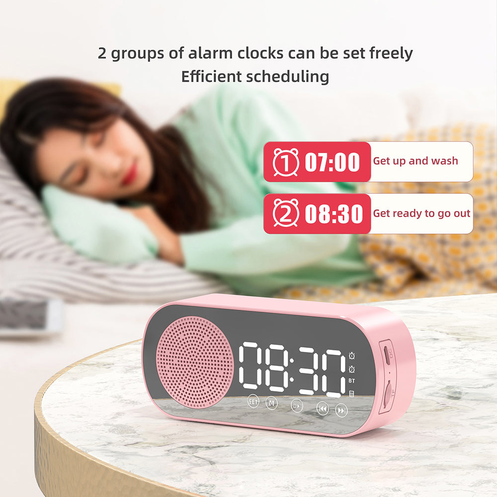 Wireless Bluetooth Speaker Alarm Clock Music Radio Player Timer Hands-Free Calling (Pink)
