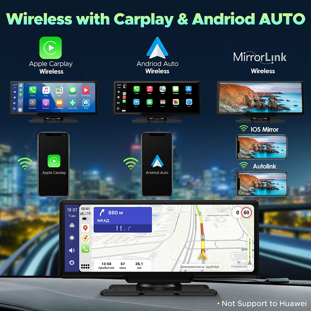 10.26 Wireless Apple Android Carplay Dual Dash Cam Front Rear Camera with 64G Card