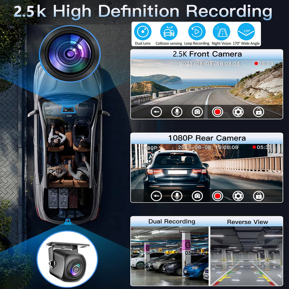 10.26 Wireless Apple Android Carplay Dual Dash Cam Front Rear Camera with 64G Card