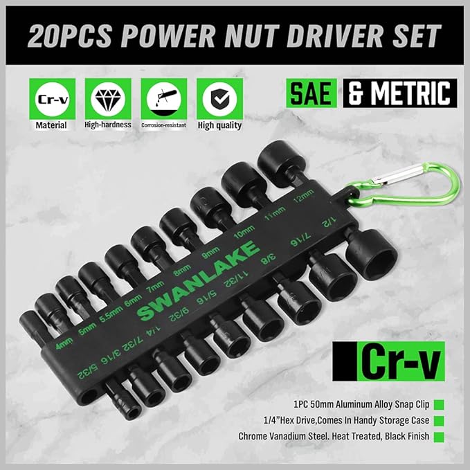 SWANLAKE GARDEN TOOLS (letter with no tracking)SWANLAKE 20PCS Power Nut Driver Set for Impact Drill, 1/4??Hex Head Drill Bit SAE and Metric