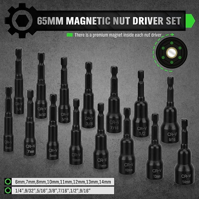 SWANLAKE SWANLAKE 39PCS Magnetic Hex Nut Driver Master Kit,1/4 Quick-Change Hex Shank, SAE & Metric Power Nuts Driver Drill Bit Tools Set,Cr-V Steel