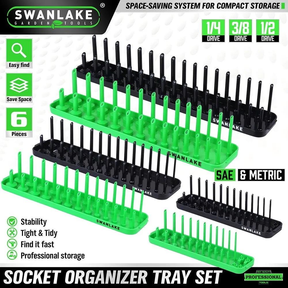 SWANLAKE 6PCS Socket Holder Tray Rack – Metric & SAE, 1/4" 3/8" 1/2" Drive