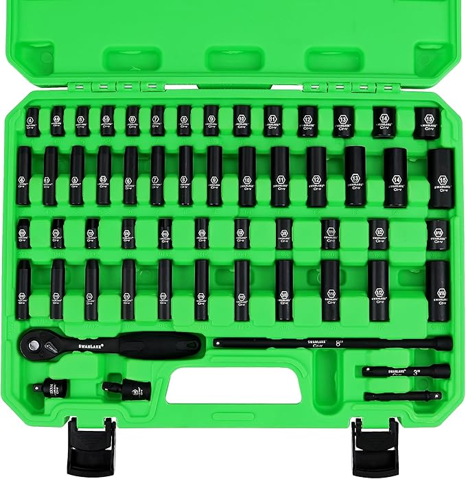 SWANLAKE 1/4 Drive Impact Socket Set, 56-Piece Standard SAE (5/32 to 9/16 inch) and Metric (4-15mm) Size, 6 Point, Cr-V, 1/4-Inch Drive Ratchet Handle, Drive Extension Bar, Impact Universal Joint