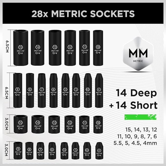 SWANLAKE 1/4 Drive Impact Socket Set, 56-Piece Standard SAE (5/32 to 9/16 inch) and Metric (4-15mm) Size, 6 Point, Cr-V, 1/4-Inch Drive Ratchet Handle, Drive Extension Bar, Impact Universal Joint
