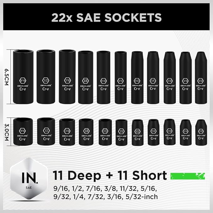 SWANLAKE 1/4 Drive Impact Socket Set, 56-Piece Standard SAE (5/32 to 9/16 inch) and Metric (4-15mm) Size, 6 Point, Cr-V, 1/4-Inch Drive Ratchet Handle, Drive Extension Bar, Impact Universal Joint