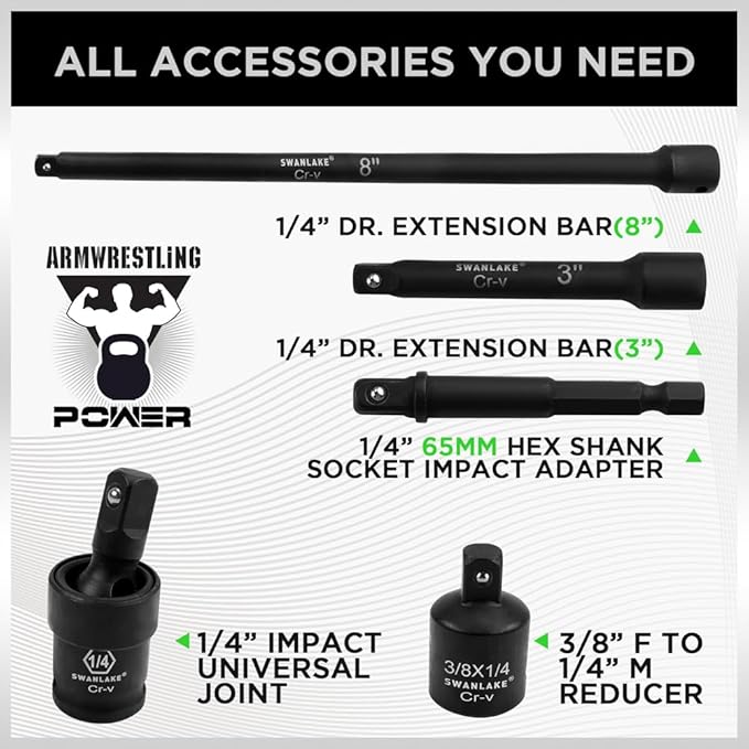 SWANLAKE 1/4 Drive Impact Socket Set, 56-Piece Standard SAE (5/32 to 9/16 inch) and Metric (4-15mm) Size, 6 Point, Cr-V, 1/4-Inch Drive Ratchet Handle, Drive Extension Bar, Impact Universal Joint